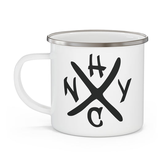 White mug with black 'NYHC' design on a white background