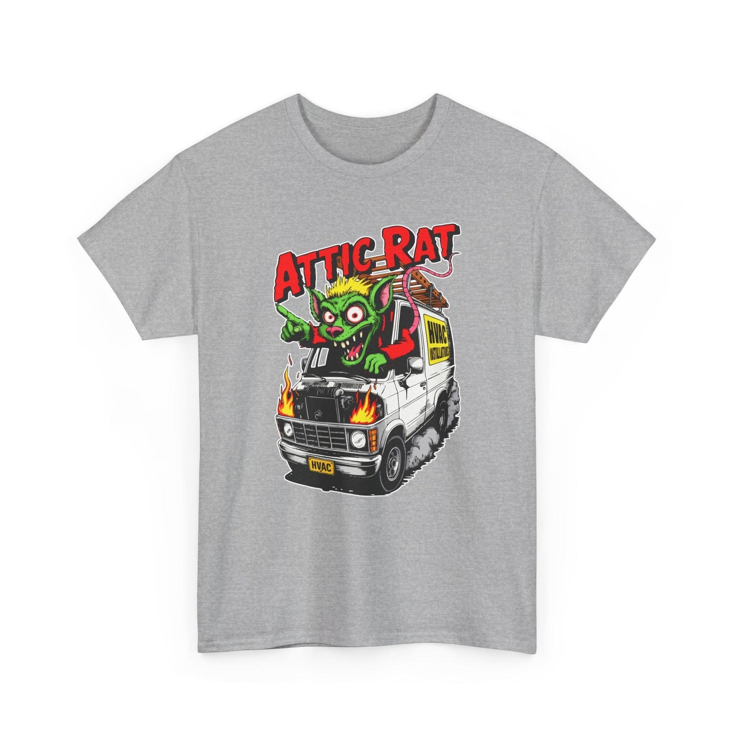 Gray t-shirt with 'Attic Rat' graphic design featuring a monster and van on a white background