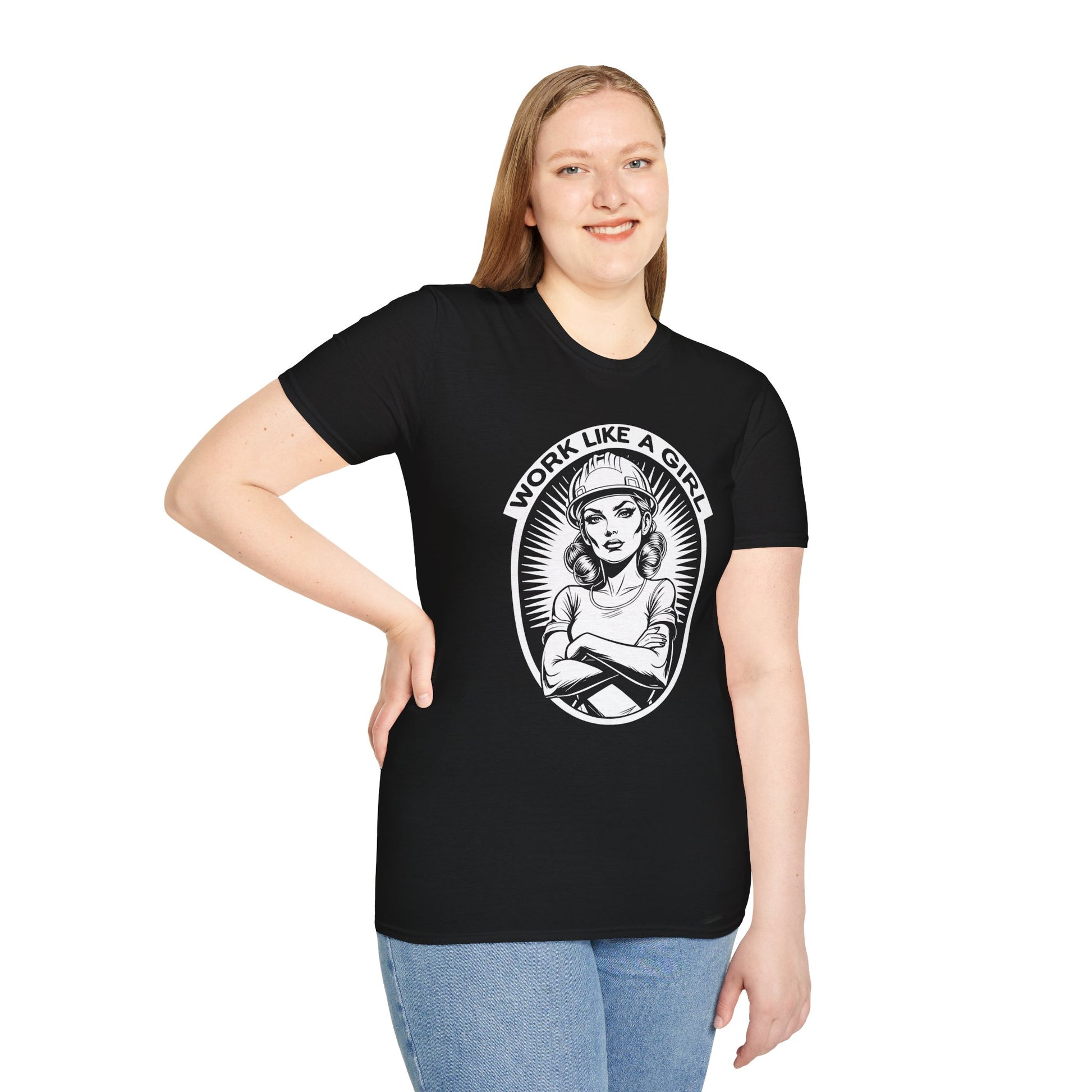 Woman wearing a Black t-shirt with graphic design and text 'Work Like a Girl' 