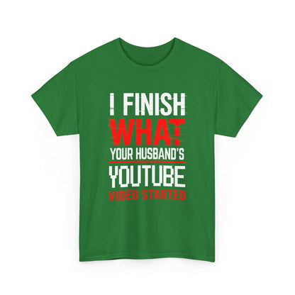 Green t-shirt with humorous text design on a white background