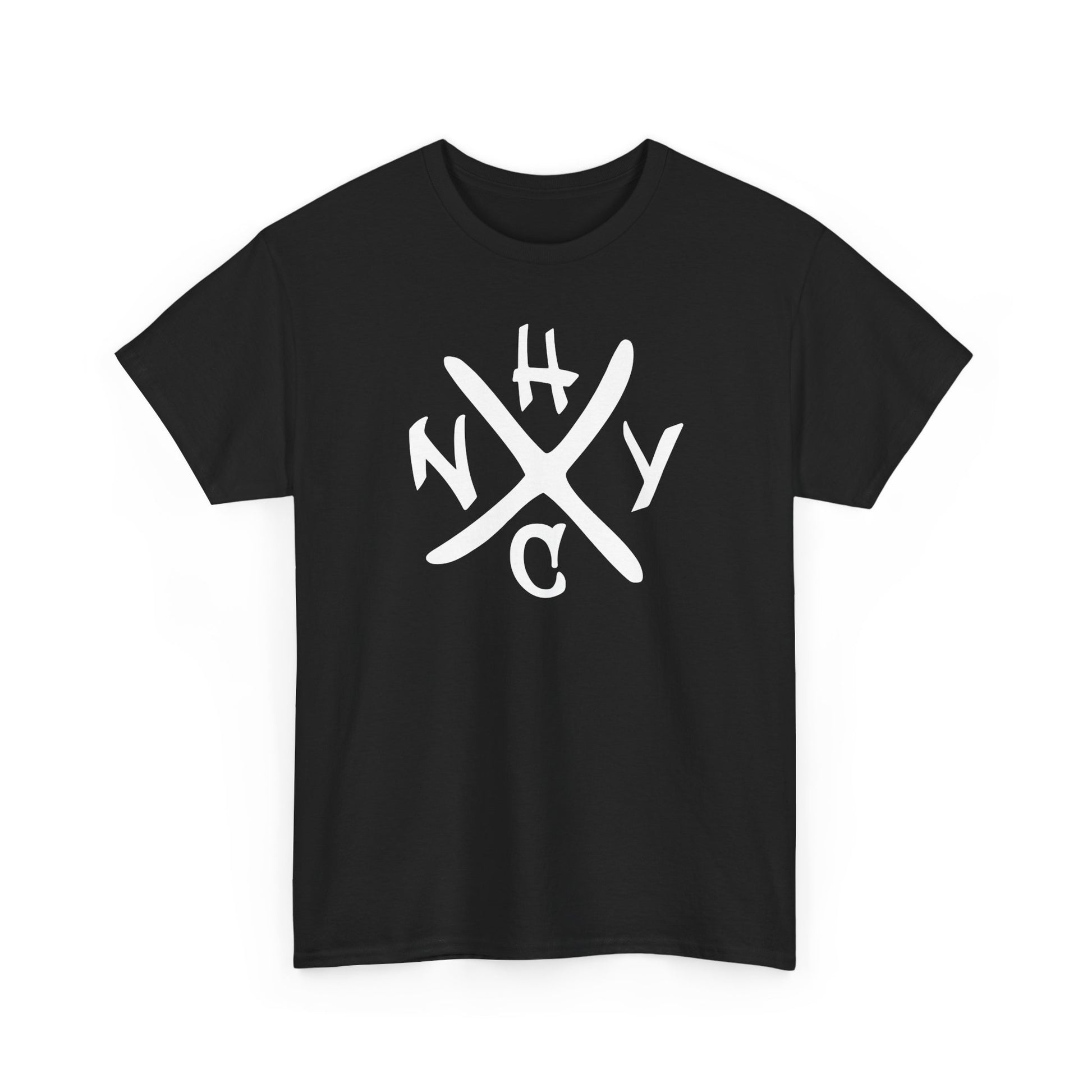 Black t-shirt with white 'NYHC' logo on a white background