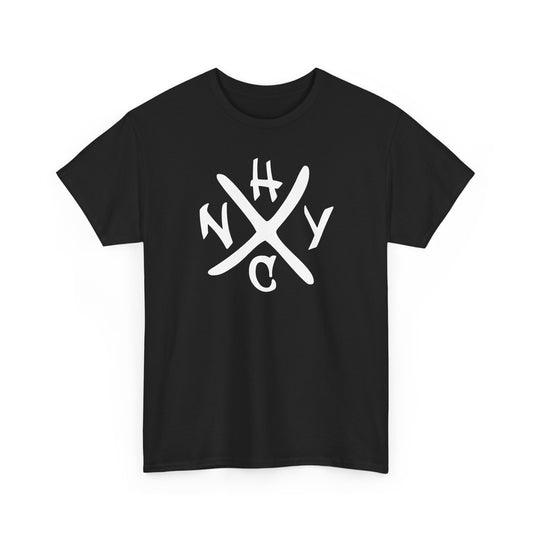 Black t-shirt with white 'NYHC' logo on a white background