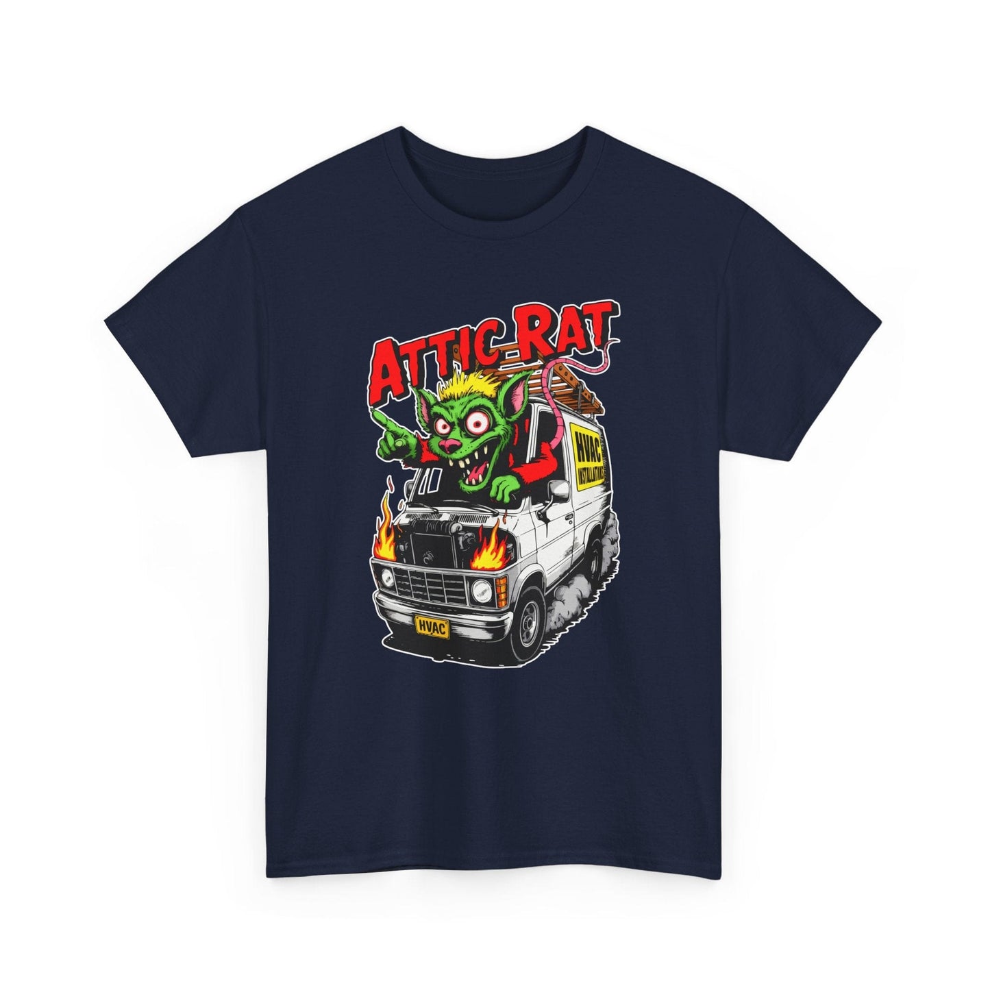 Navy blue t-shirt with 'Attic Rat' graphic design featuring a van and cartoon rat on a white background.