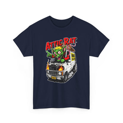 Navy blue t-shirt with 'Attic Rat' graphic design featuring a van and cartoon rat on a white background.