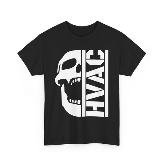 Black t-shirt with a white skull and 'HVAC' graphic on a white background