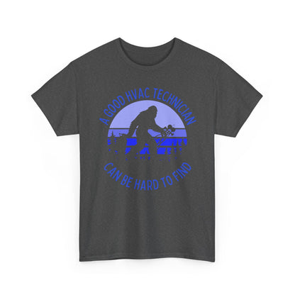 Gray t-shirt with blue HVAC technician Bigfoot graphic and text on a white background