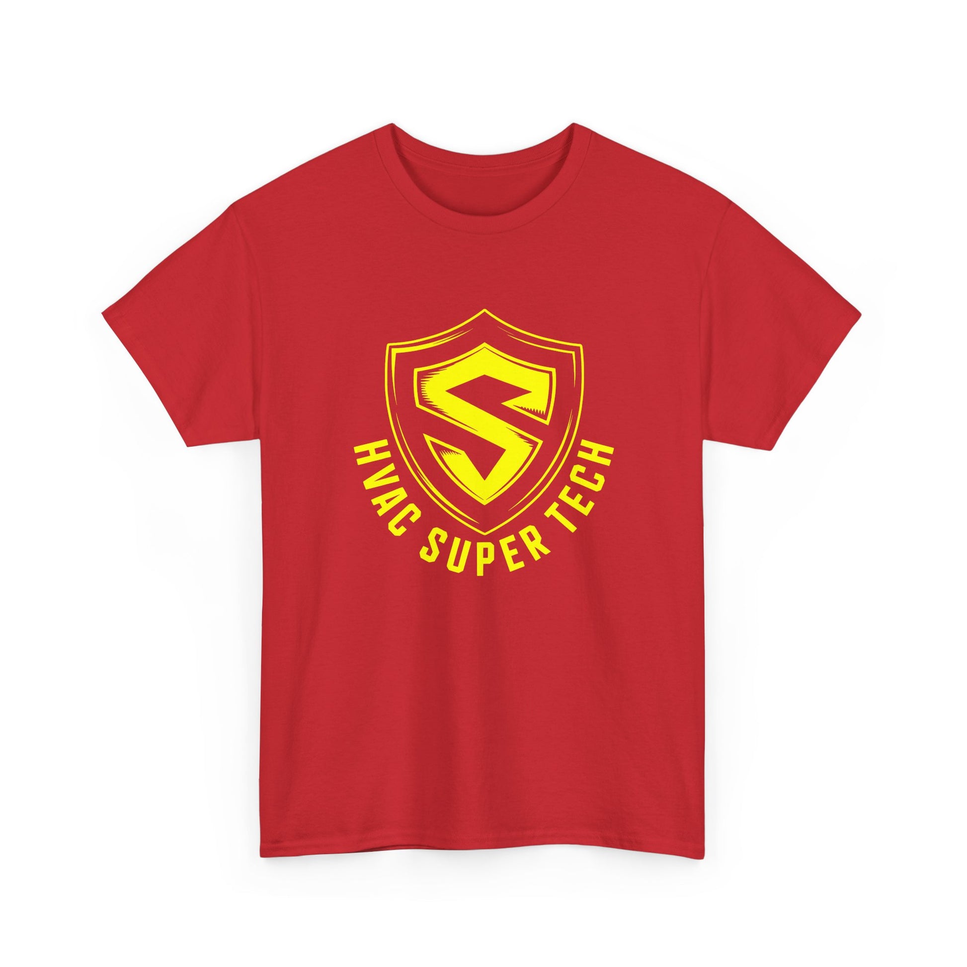 Red t-shirt with yellow HVAC Super Tech logo on a white background