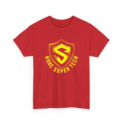 Red t-shirt with yellow HVAC Super Tech logo on a white background