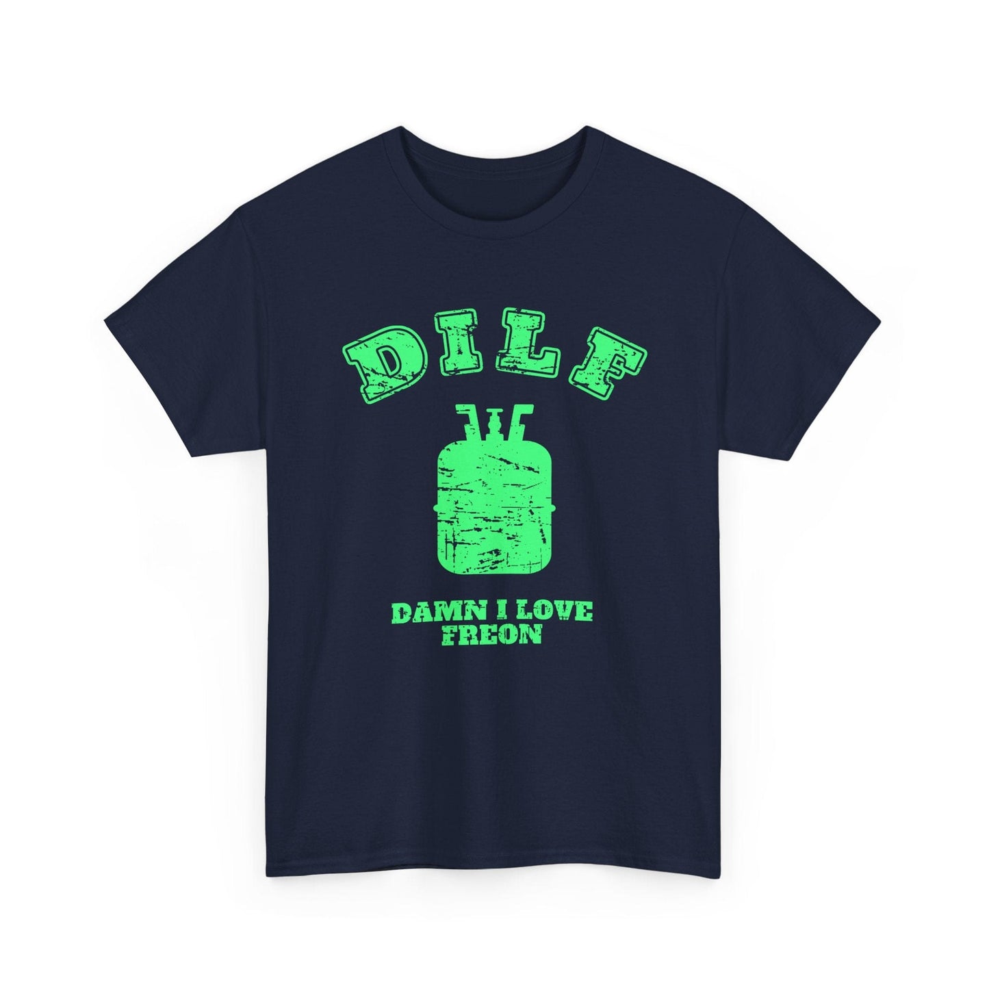 Navy blue t-shirt with green text and graphic on a white background