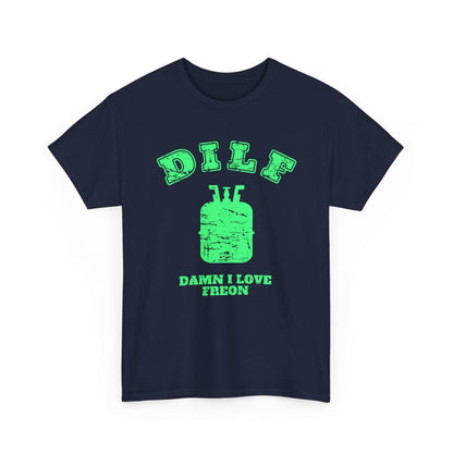 Navy blue t-shirt with green text and graphic on a white background