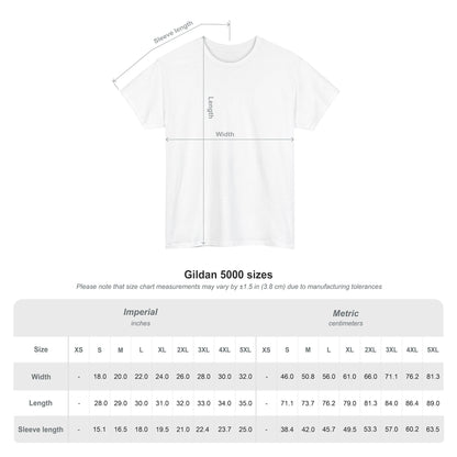 White t-shirt with measurement chart for Gildan 5000 sizes on a white background