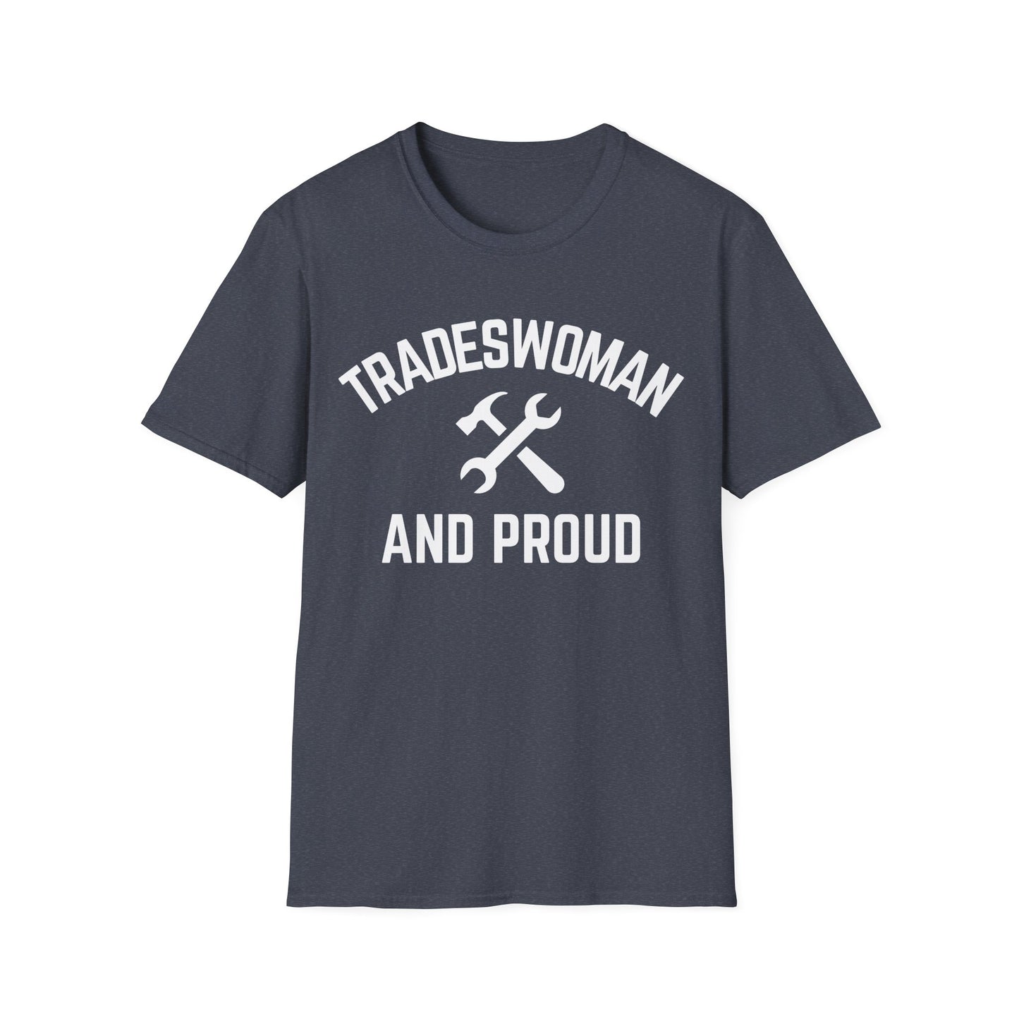 Navy blue t-shirt with 'Tradeswoman and Proud' text and wrench graphic on a white background