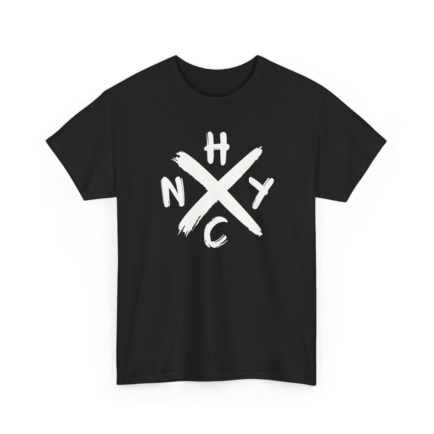 Black t-shirt with white 'NYC' logo on a white background
