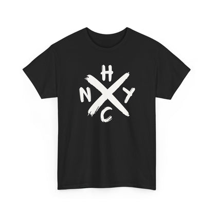 Black t-shirt with white 'NYC' logo on a white background