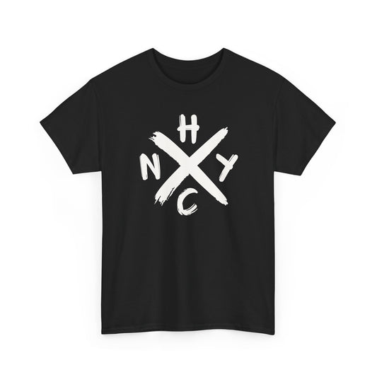 Black t-shirt with white 'NYC' logo on a white background