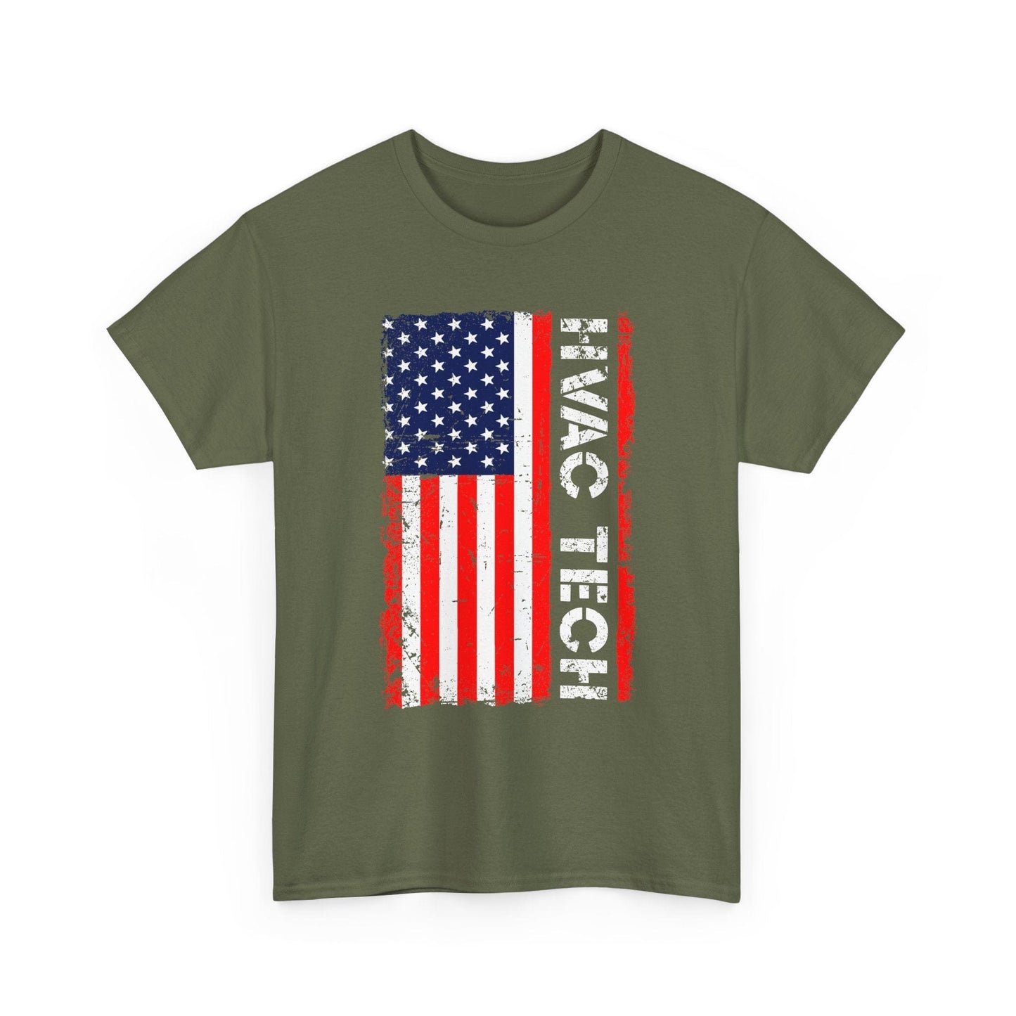 Green t-shirt with American flag and 'HVAC TECH' text on a white background