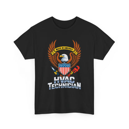 Black t-shirt with HVAC Technician design featuring an eagle and American flag on a white background