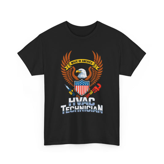Black t-shirt with HVAC Technician design featuring an eagle and American flag on a white background