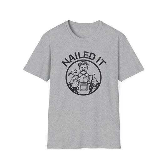 Gray t-shirt with 'Nailed It' graphic design on a white background