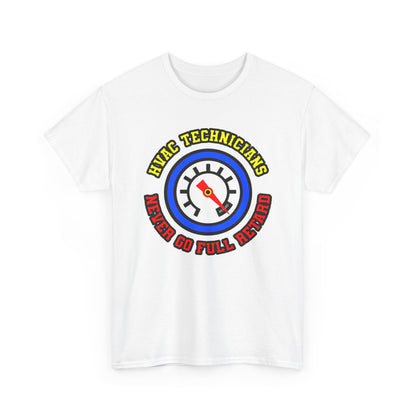 White t-shirt with HVAC technician graphic and text on a white background