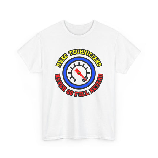 White t-shirt with HVAC technician graphic and text on a white background