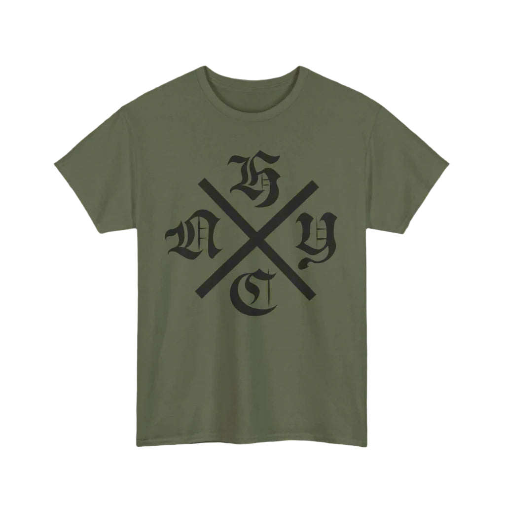 Green t-shirt with black 'nyhc' graphic design on a brick background