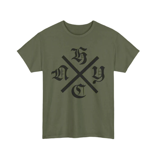 Green t-shirt with black 'nyhc' graphic design on a brick background