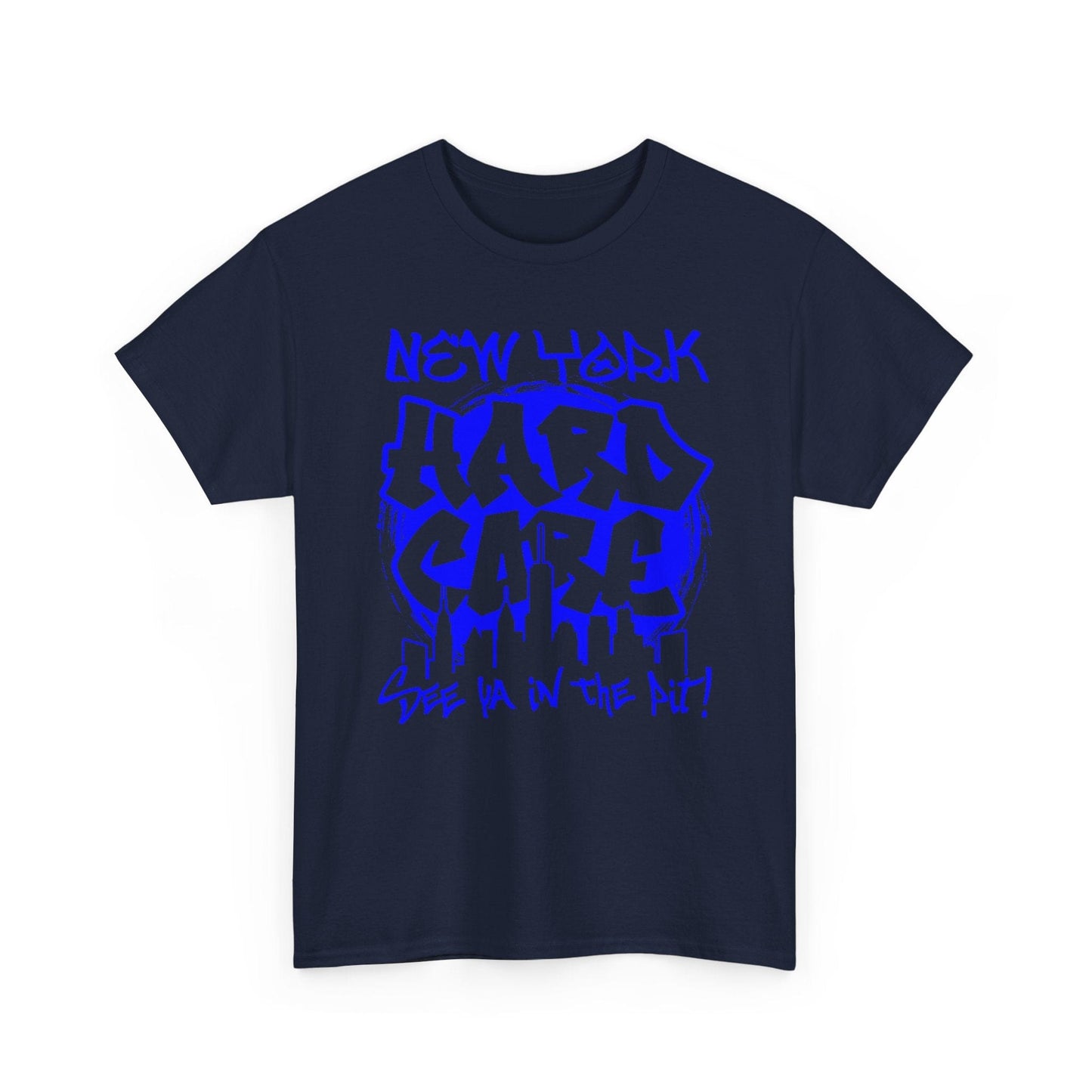 Navy blue t-shirt with blue graphic text on a white background