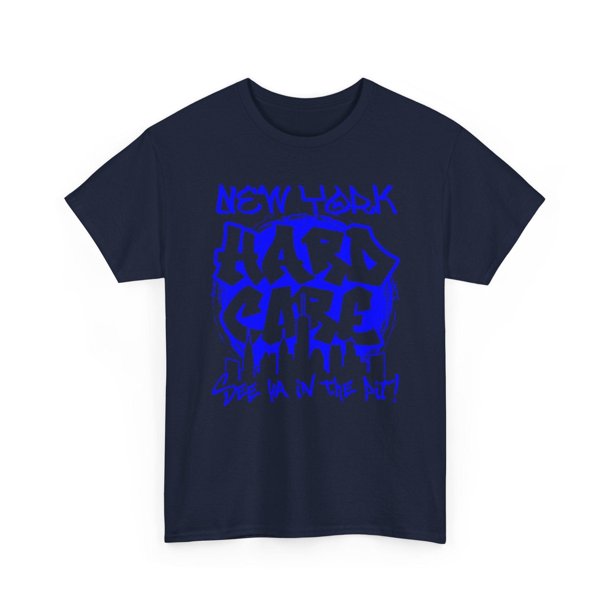 Navy blue t-shirt with blue graphic text on a white background
