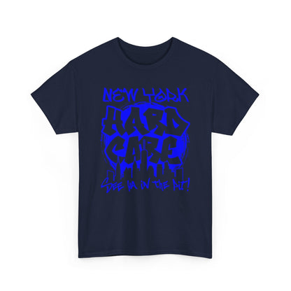 Navy blue t-shirt with blue graphic text on a white background