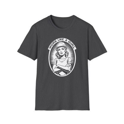 Dark gray t-shirt with graphic design and text 'Work Like a Girl' on a white background