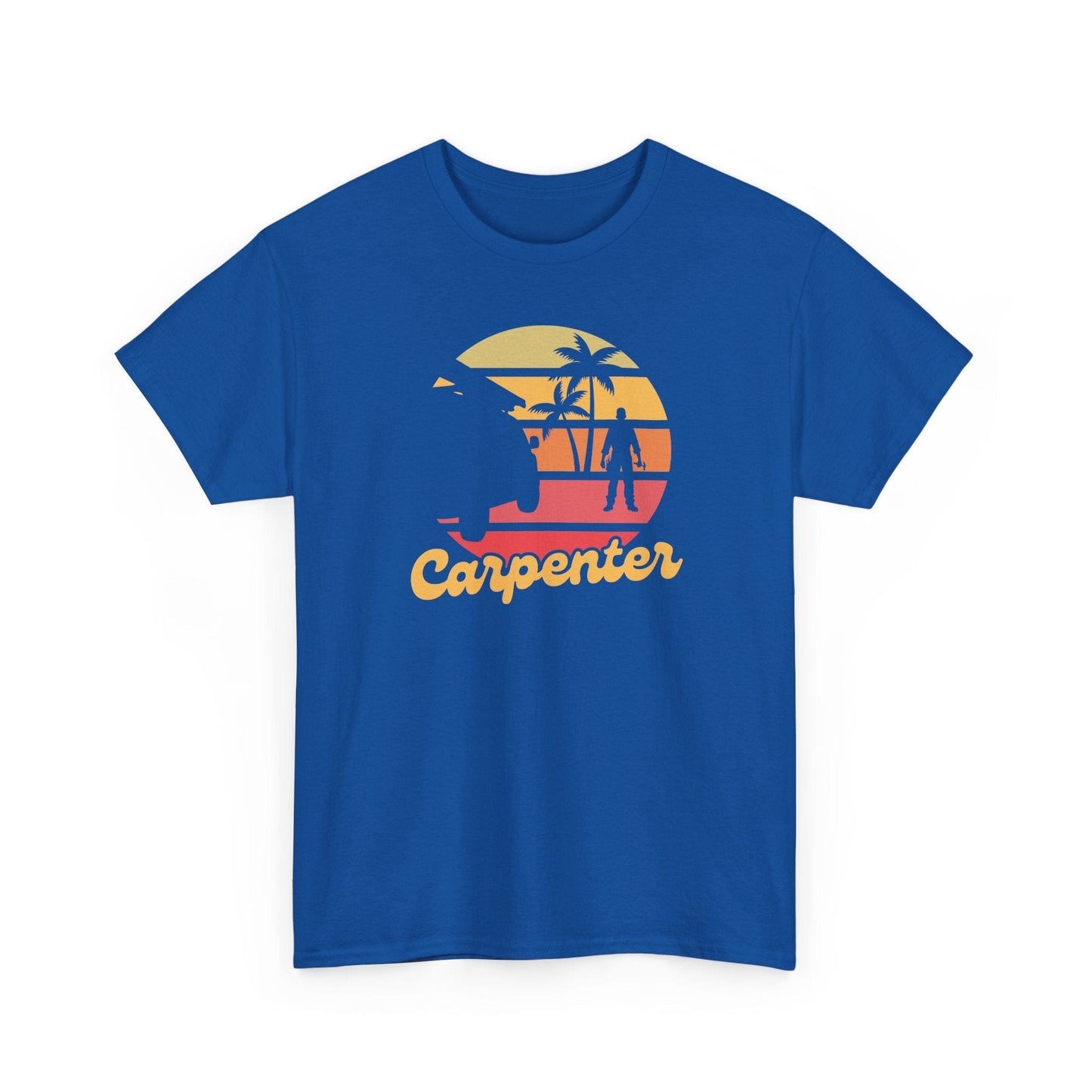 Blue t-shirt with a graphic design and the word 'Carpenter' on a white background