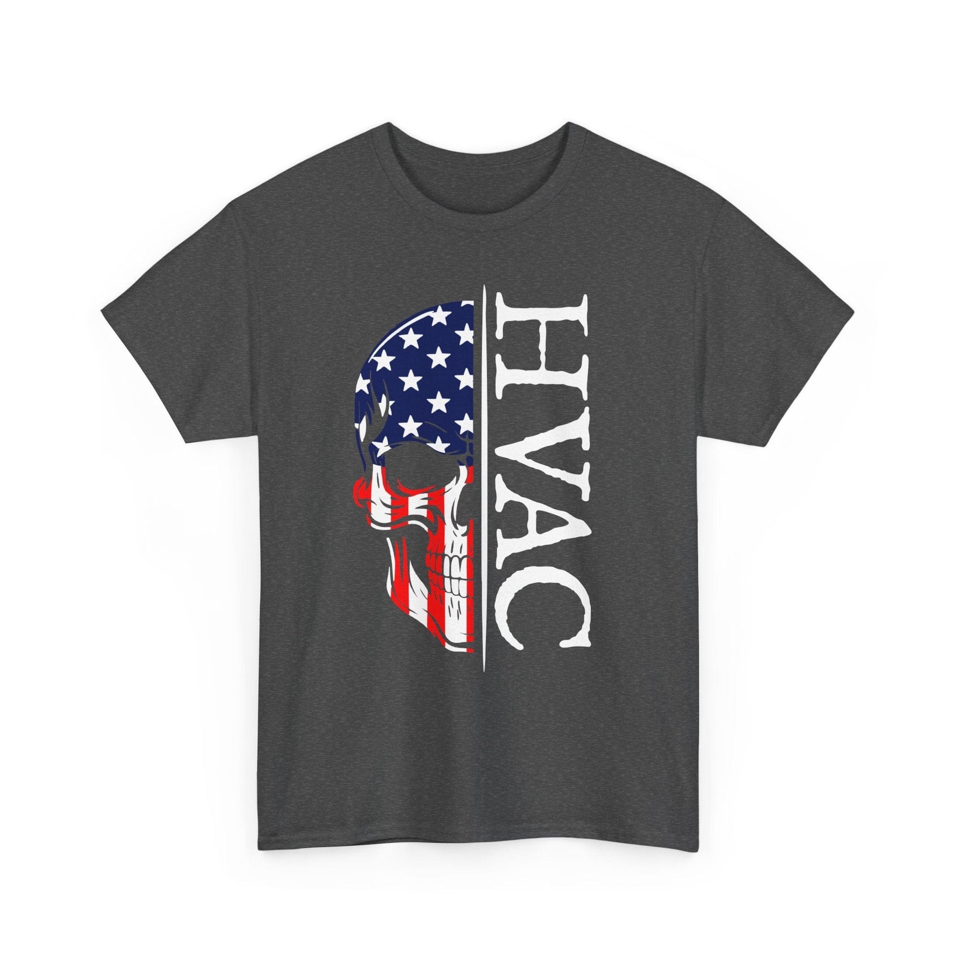 Gray t-shirt with HVAC design featuring an American flag skull on a white background