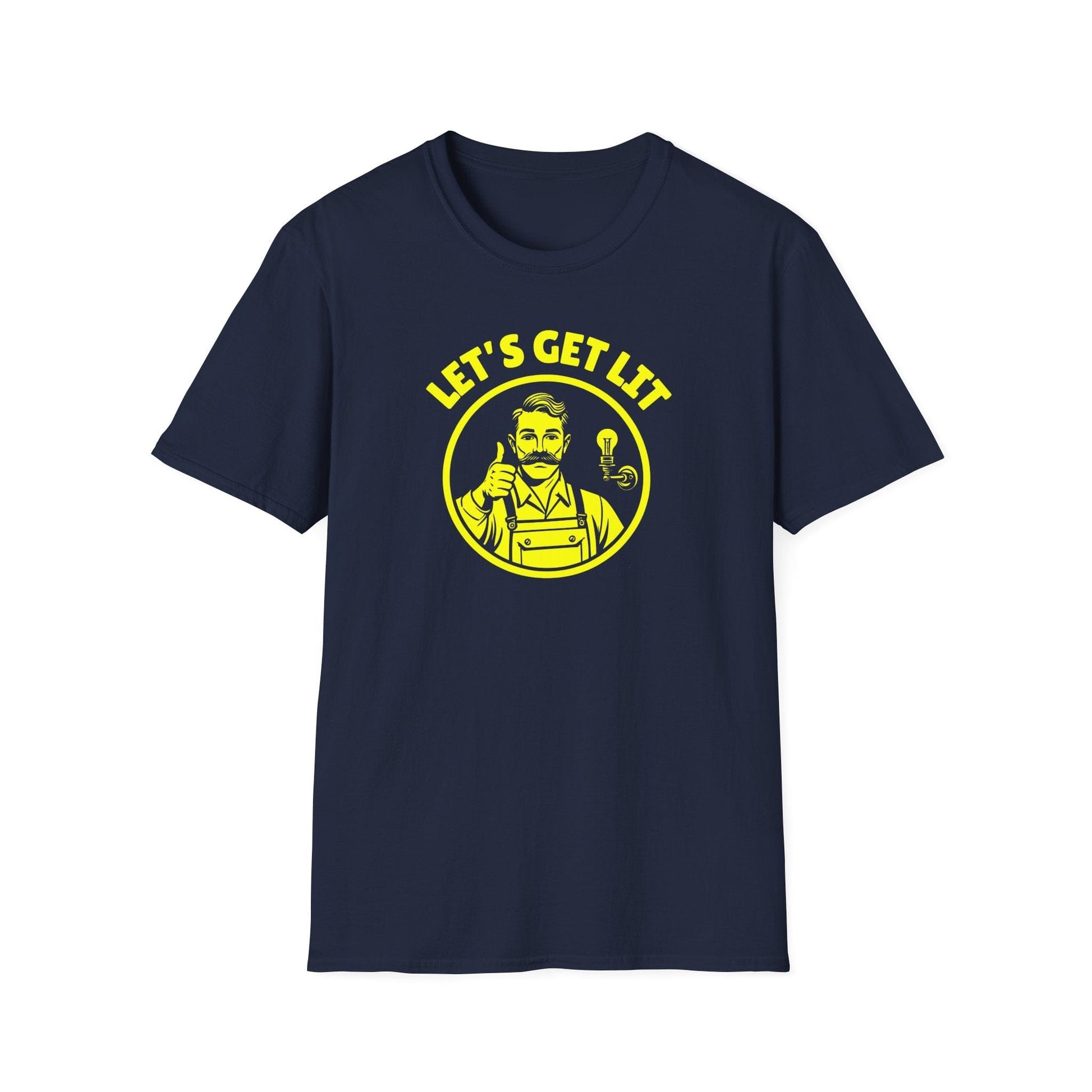 Navy blue t-shirt with yellow graphic and text 'LET'S GET LIT' on a white background