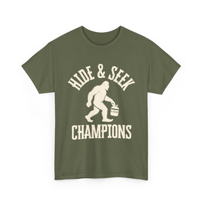 Green HVAC  t-shirt with 'Hide & Seek Champions' graphic featuring a bear and beer mug on a white background