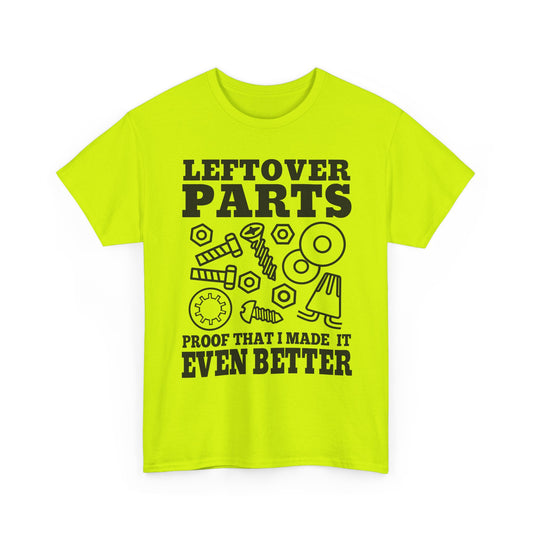 Bright yellow t-shirt with black 'Leftover parts'  text and graphics on a white background