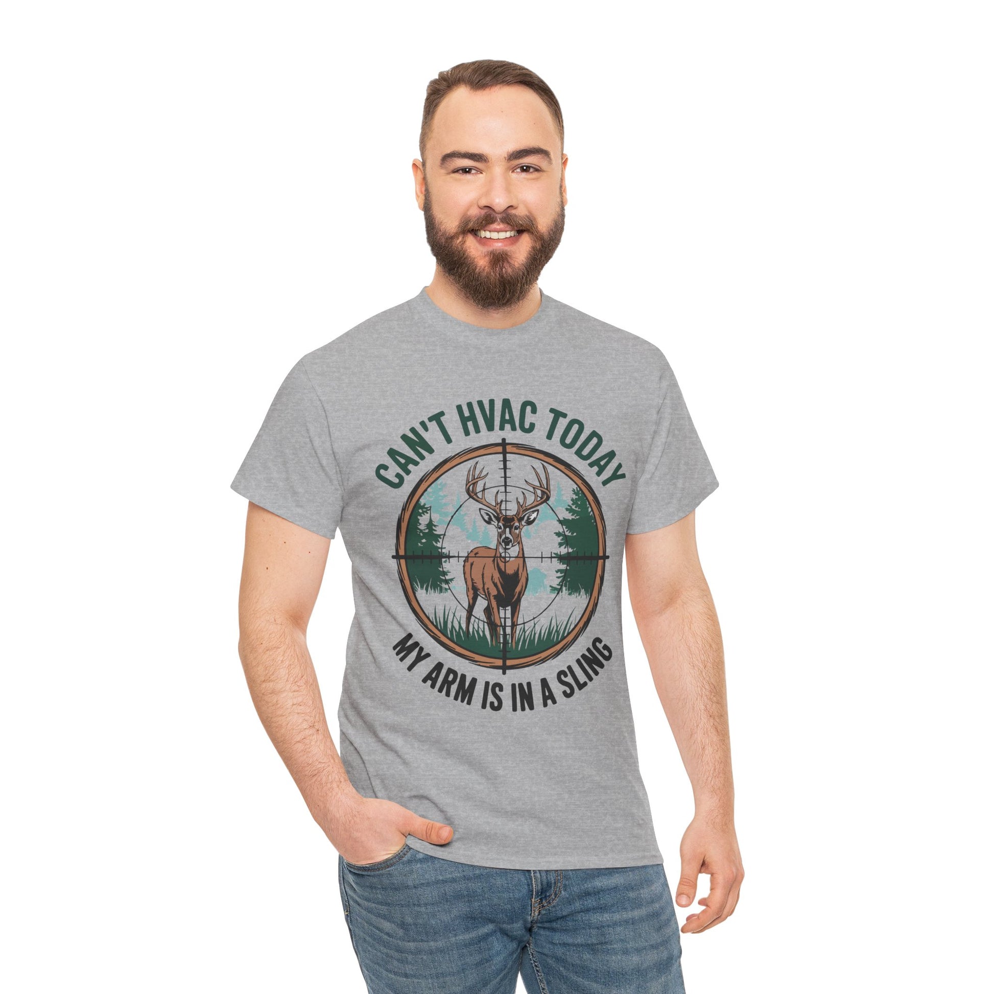 Man wearing a gray t-shirt with a hunting graphic and Funny HVAC text on a white background