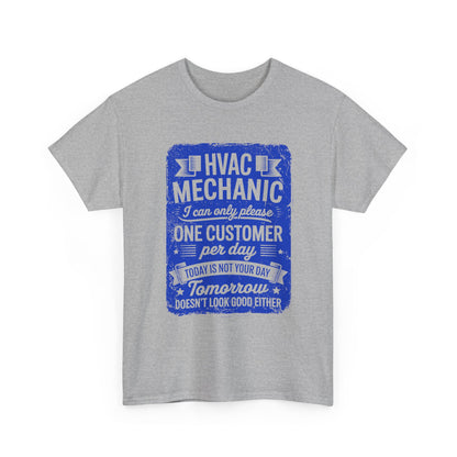 Gray t-shirt with blue HVAC Mechanic graphic and text on a white background