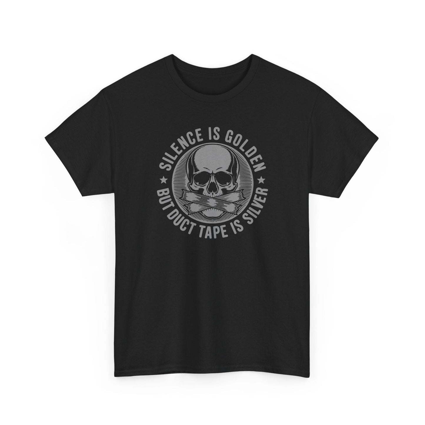 Black t-shirt with skull and crossbones design and text on a white background