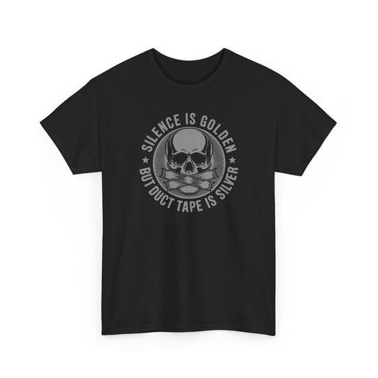 Black t-shirt with skull and crossbones design and text on a white background