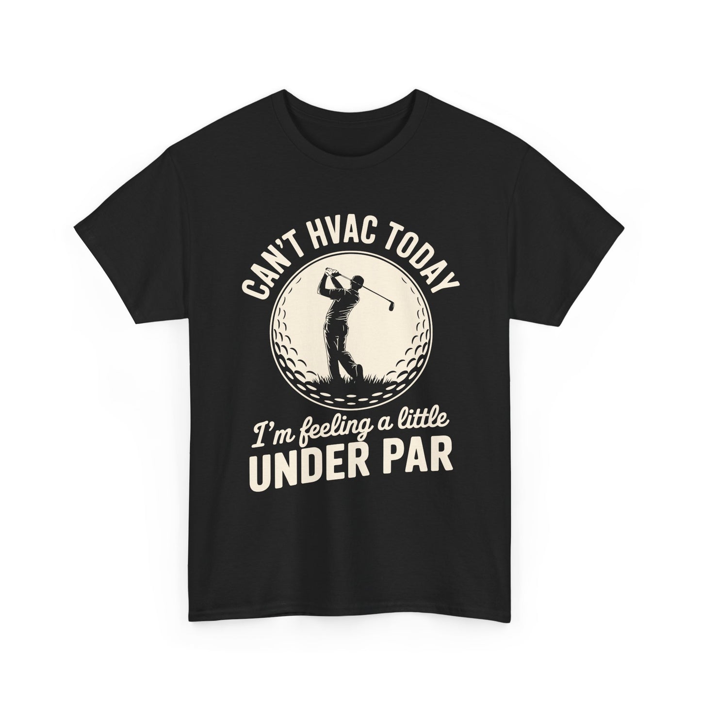 Black t-shirt with HVAC and golf-themed text and graphic on a white background