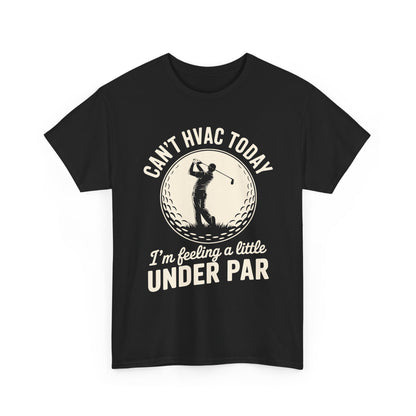 Black t-shirt with HVAC and golf-themed text and graphic on a white background