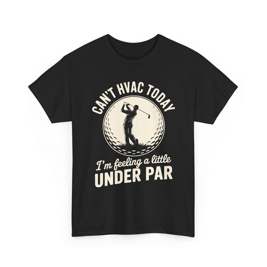 Black t-shirt with HVAC and golf-themed text and graphic on a white background
