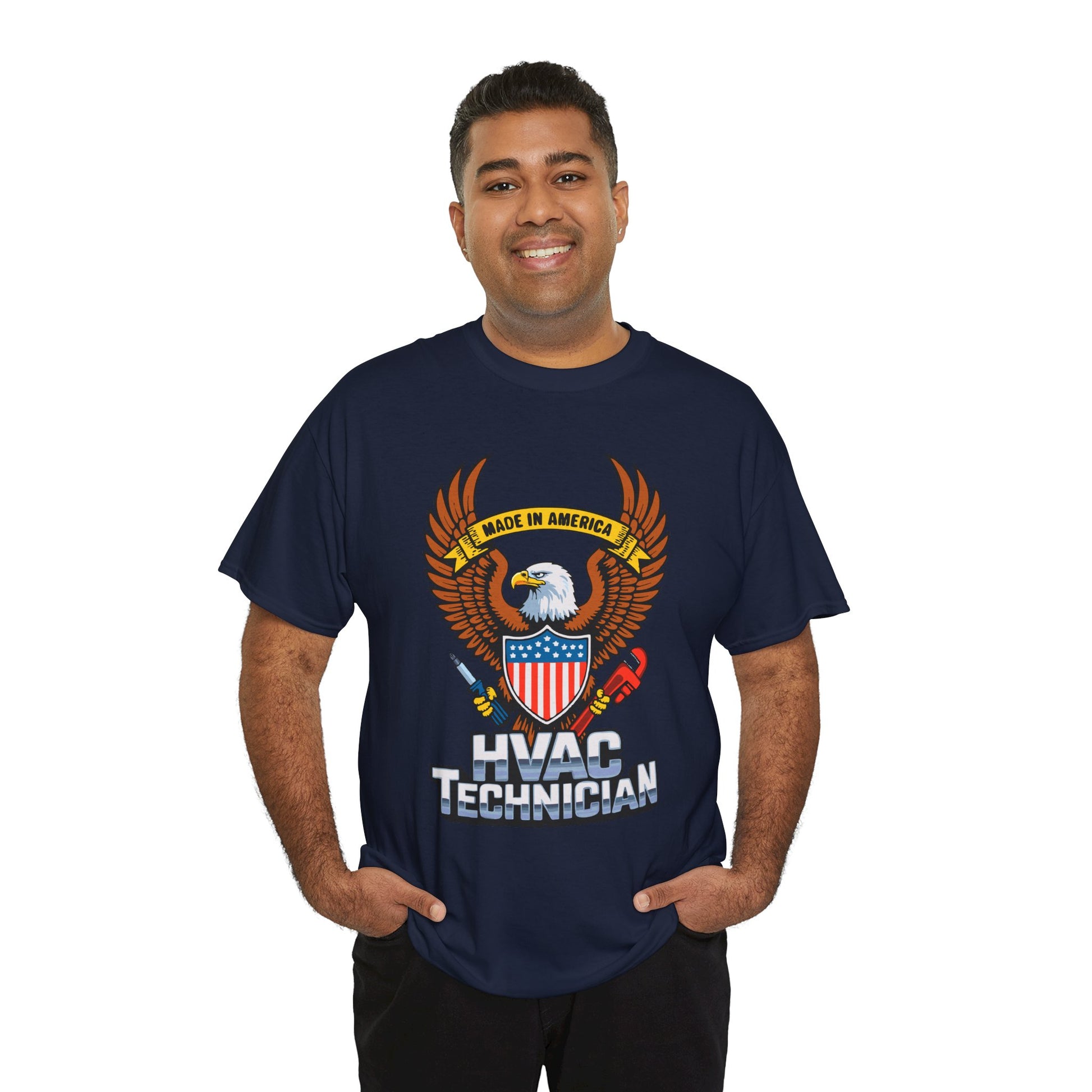 Man wearing a navy blue t-shirt with an eagle graphic and text on a white background