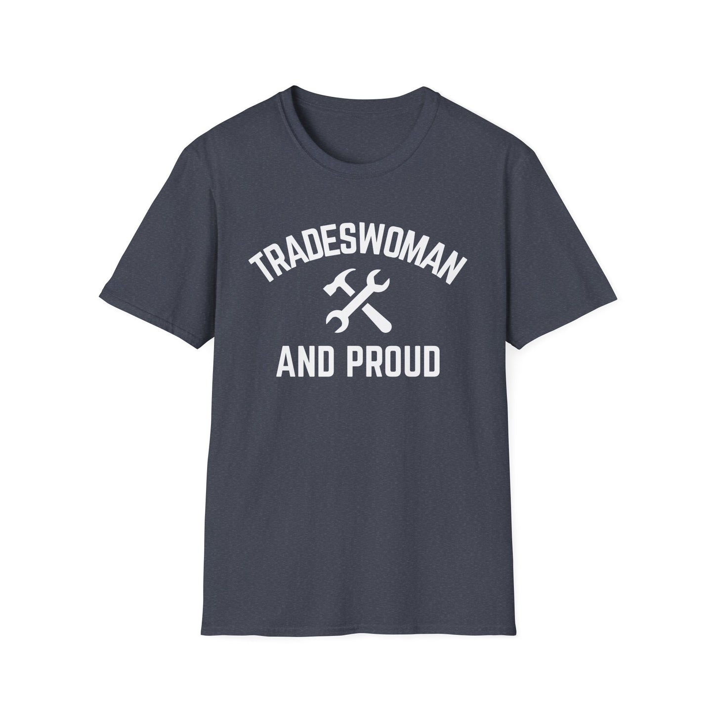 Navy blue t-shirt with 'Tradeswoman and Proud' text and graphic on a white background