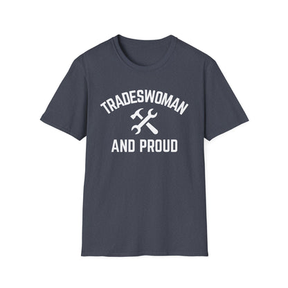 Navy blue t-shirt with 'Tradeswoman and Proud' text and graphic on a white background