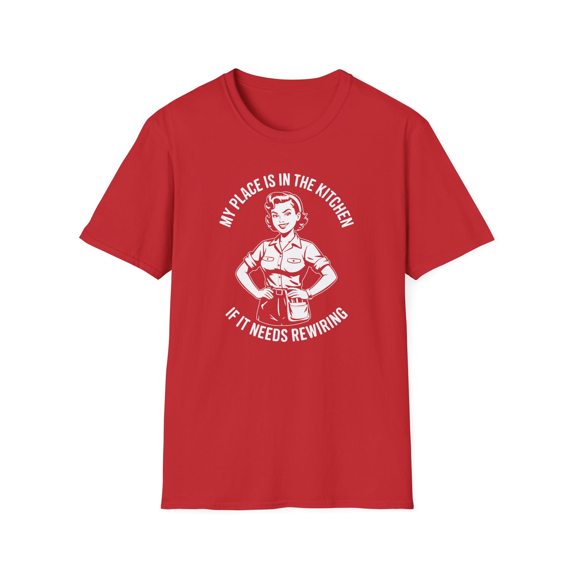 Red t-shirt with graphic and 'My place is in the kitchen if it needs rewiring' text on a white background