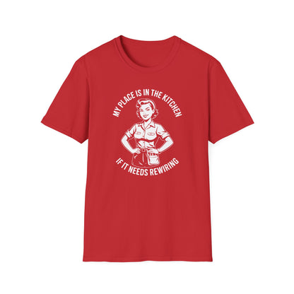 Red t-shirt with graphic and 'My place is in the kitchen if it needs rewiring' text on a white background