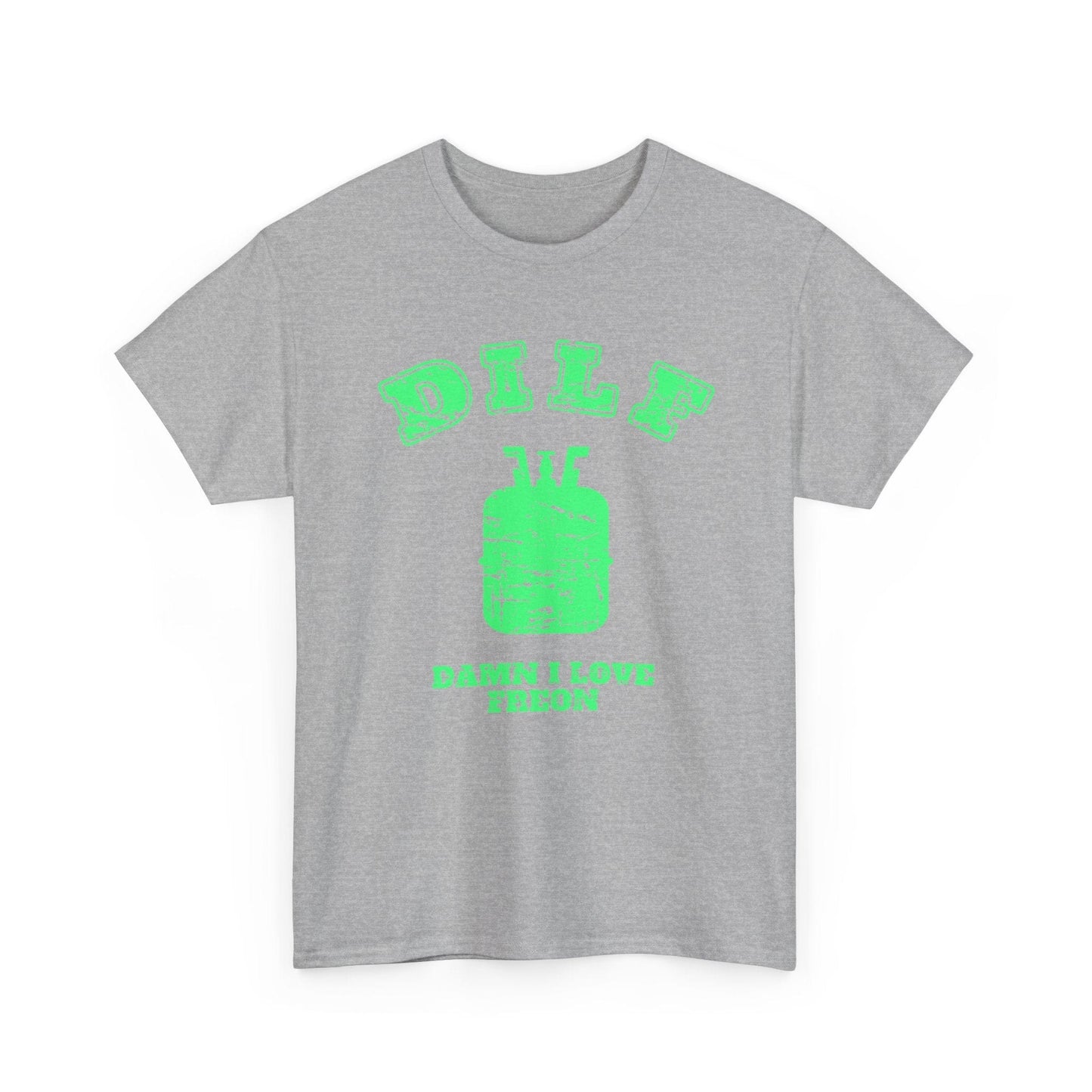 Gray t-shirt with green graphic and text on a white background