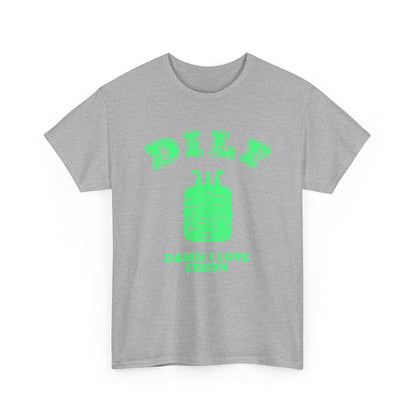 Gray t-shirt with green graphic and text on a white background